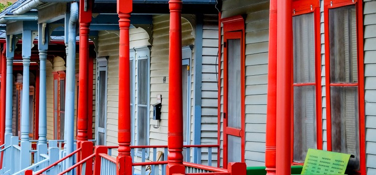 A row of wooden porches